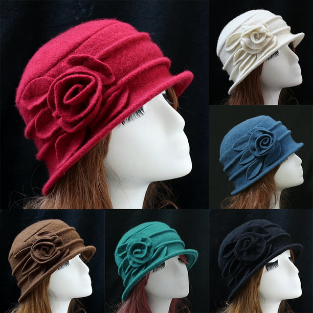 Women Wool Church Cloche Flapper Hat Lady Bucket Winter Flower Cap Soft Warm 
